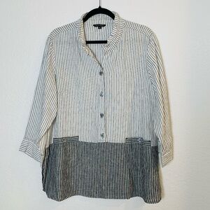 John Mark Linen Tunic Top Large Black White Stripes Lagenlook Preppy Beachy